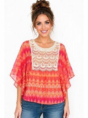 Speechless Boho Crochet Lace Overlay Top Coral Pink Orange Chiffon NWT Size L